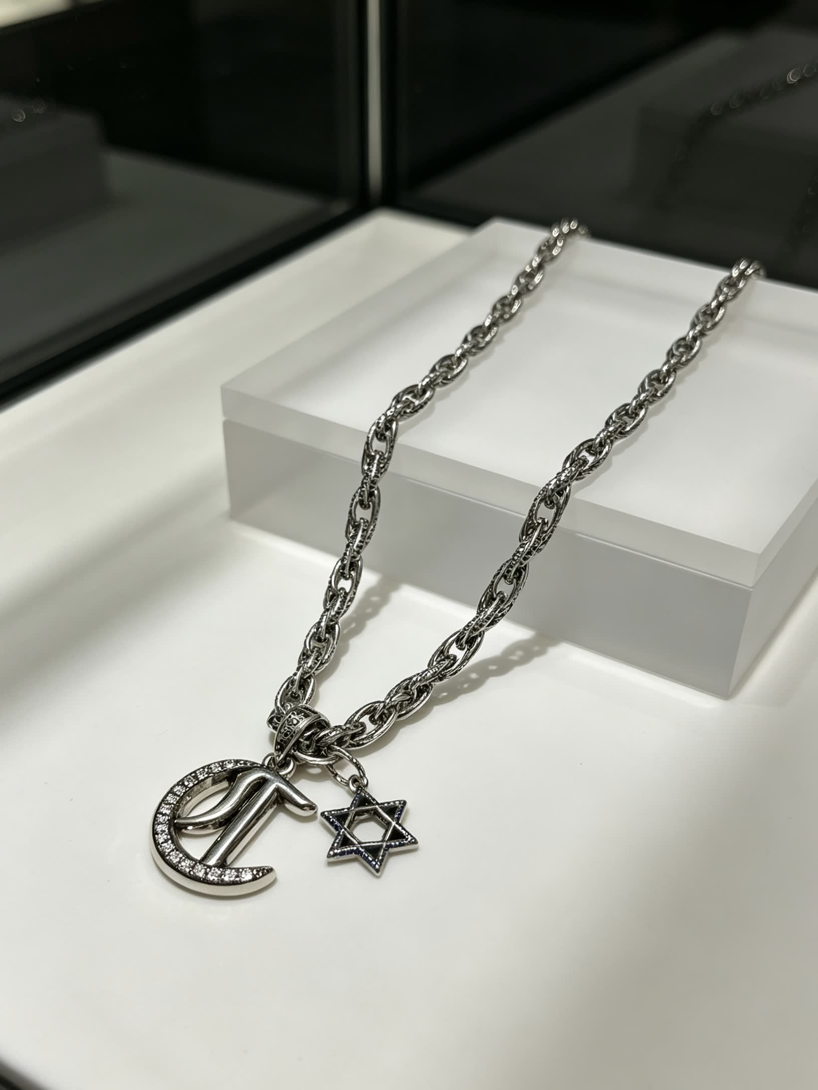 Chrome Hearts Silver Chain with Crescent and Star Design